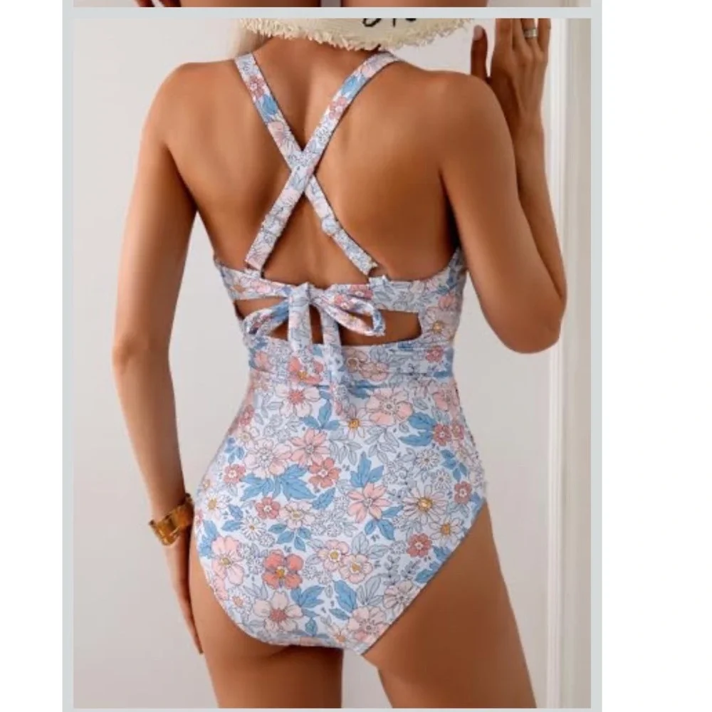 B2PRITY Floral One‎ Piece Swimsuit Blue Pink Cutout Wrap Front Medium NWT